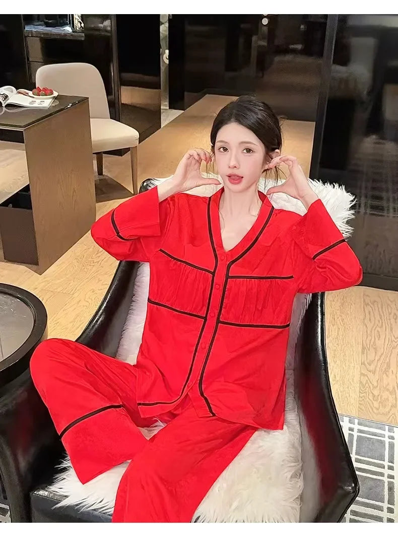 Spring and summer ice silk pajamas for women, sweet pajamas set, long sleeves and trousers, comfortable home clothes