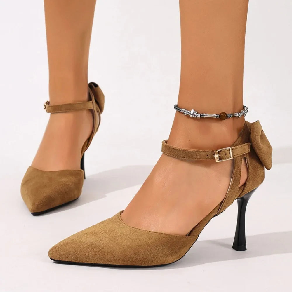 Flock Suede Female Sandals for Women Pointed Toe Stiletto Heel Buckle Strap Butterfly Knot OL Single Shoes Big Size 34-45 Sexy