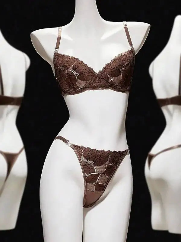 Sexy French Push-Up Bra Set Leaf Pattern Lace Embroidery Ultra-Thin Lingerie TFSJ