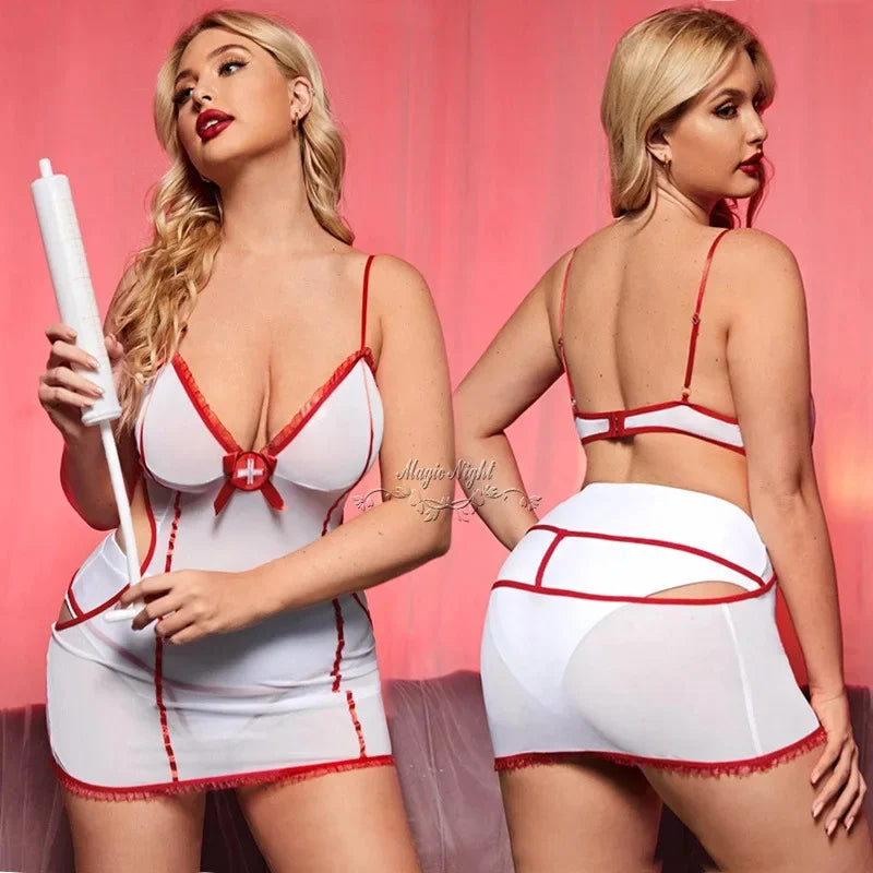 Sexy Sheer Mesh Naughty Nurse Role Play Costume – Color Block Cami Dress, Thong & Hat for Women, Perfect for Intimate Nights