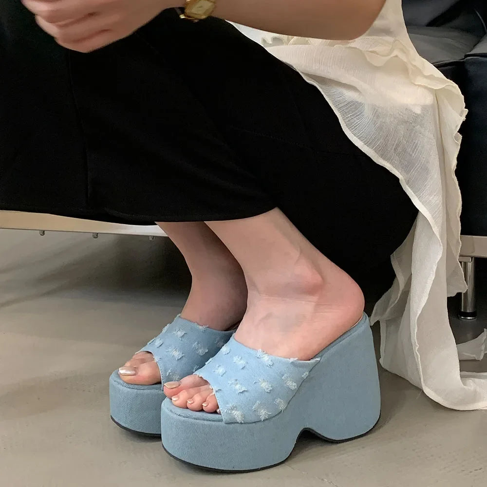 2025 Vintge Denim Blue Summer Chunky Platform Sandals Women Slides Chunky High Heels Wedges Shoes Mules Outdoor Slipper