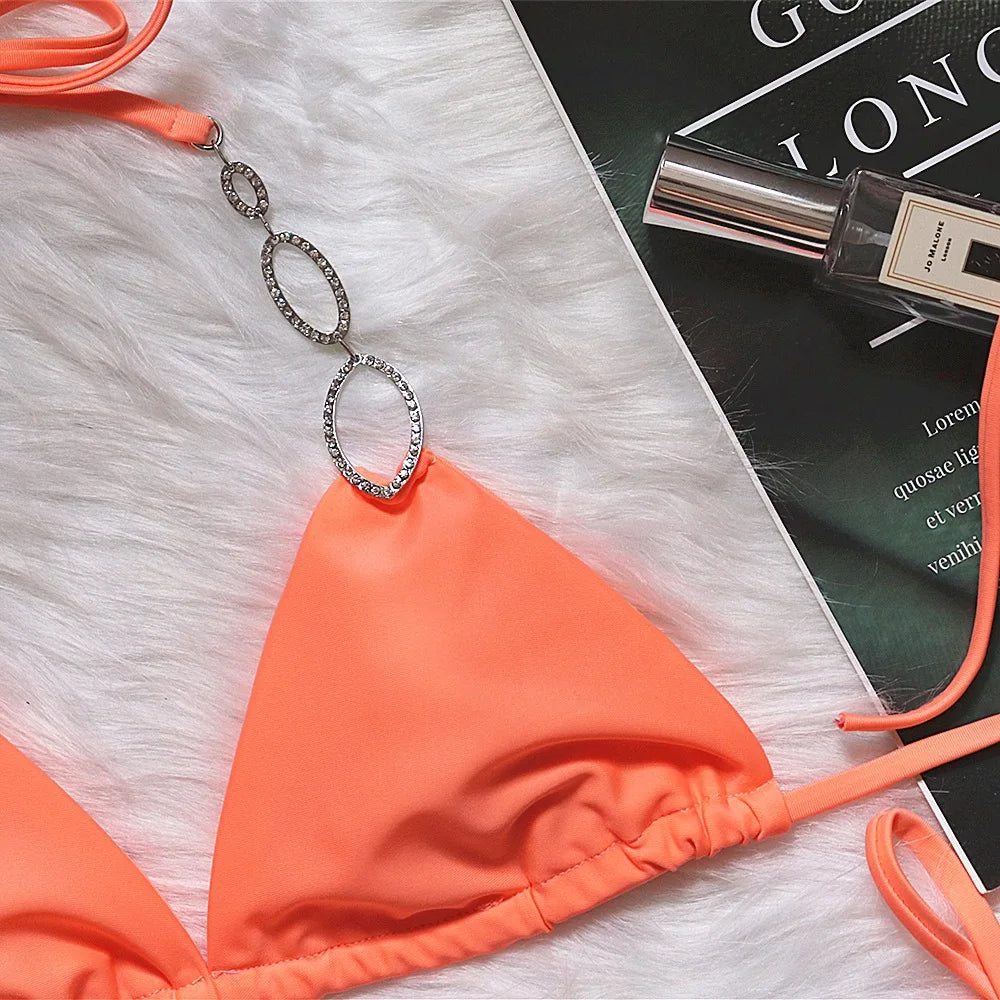 6 Colors Sexy Bikini Women Solid Rhinestone Metal Chain Swimwear Swimsuit Female Halter Bikinis Set Bathing Suit Beachwear Mujer