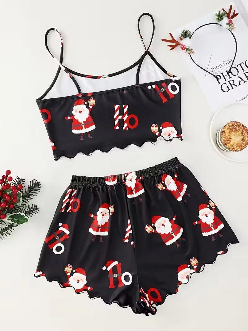 Christmas Santa Claus Element Print Pajama Set for Women's Sleepwear 2 Pieces Crop Tops and Shorts Homewear Loungewear