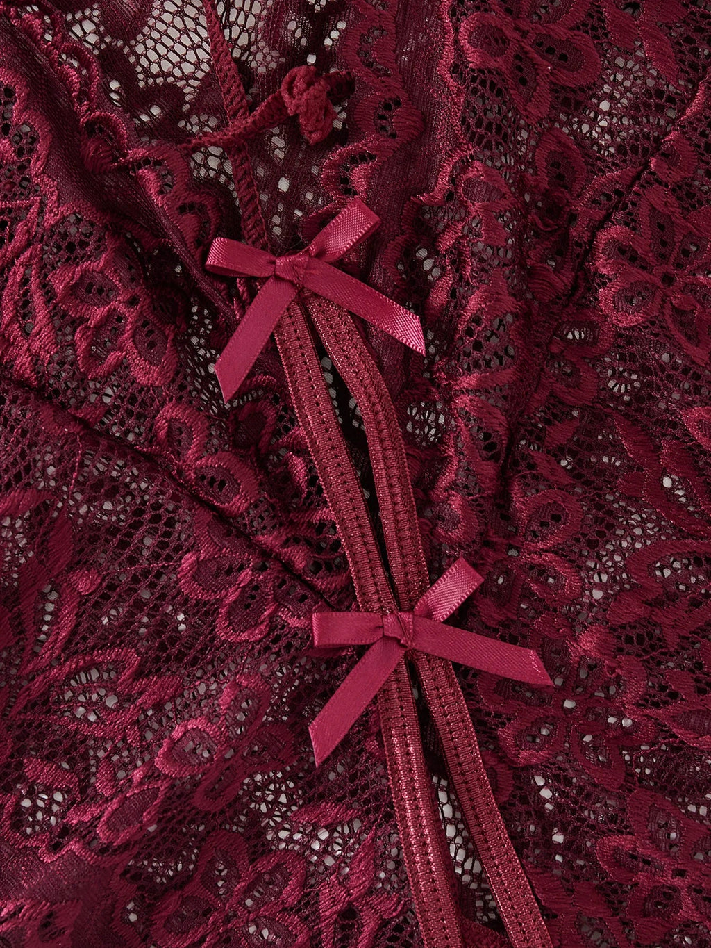 Date-specific Deep V cut WineRed lace one-piece dress. Lightweight sheer cross-strapped women's sexy lingerie set.