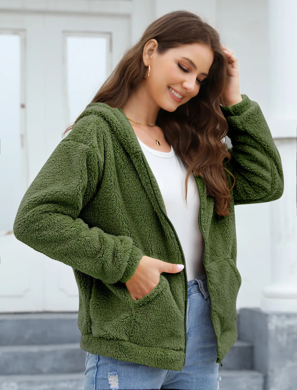 Phantasy Woman Hooded Fleece Coat Womens Casual Jacket Soft Heavy Autumn Winter Solid Hooded Jacket Ladies Outwear Overcoat
