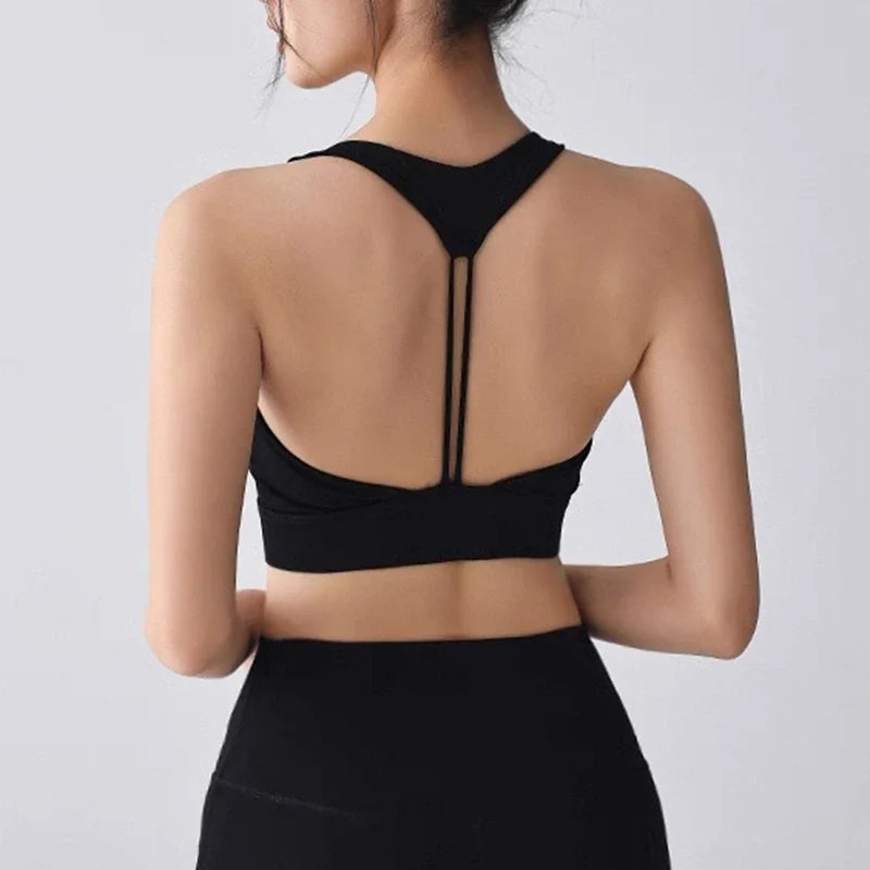 Women's Sexy Slim Strap Yoga Sports Bra Shock-Absorbing Gathered Back Design for Training Run Integrated Beautiful Back Style
