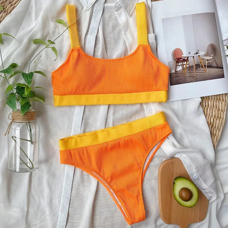 Sexy Splicing Ribbed Bikinis High Waist Bikini 2026 Female Swimsuit Women Swimwear Two-pieces Bikini Set Bathing Suit Swim Lady