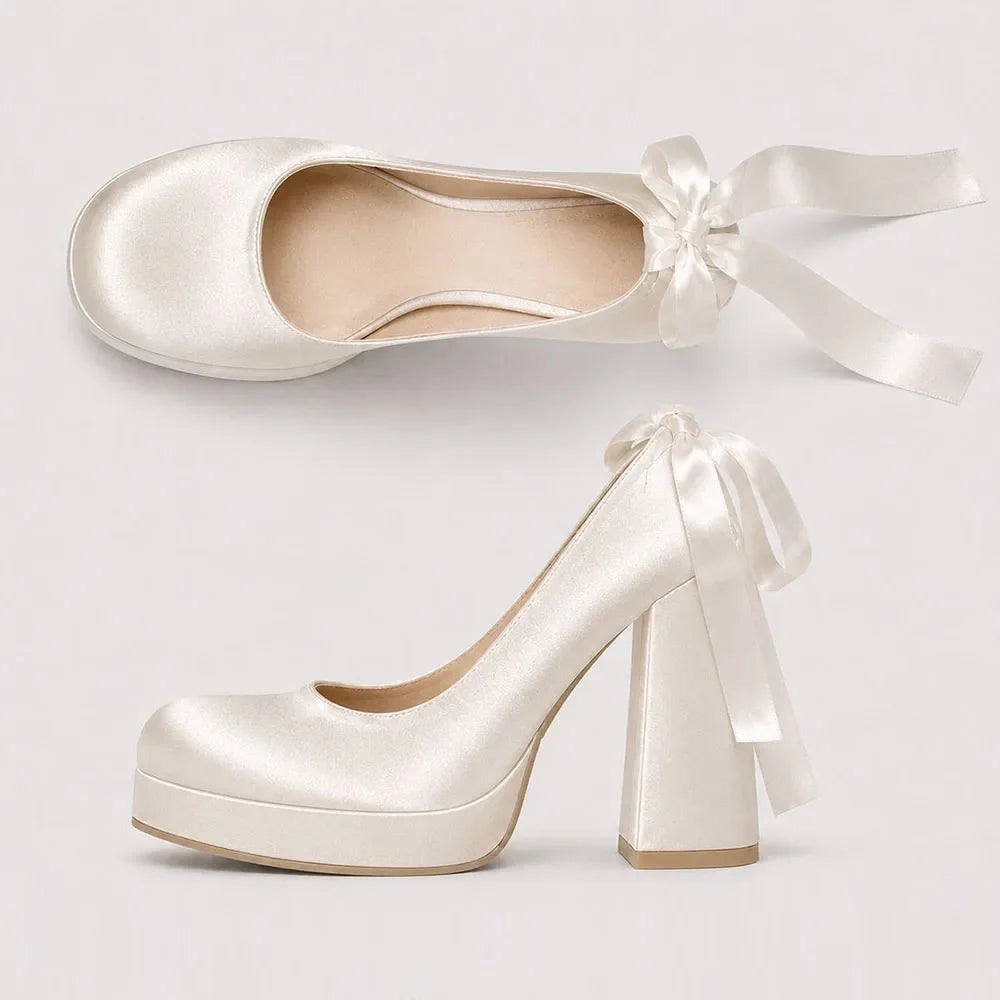Size 42 Elegant Pink Satin Platform Block Heel Pumps Black Ribbon Wrap Ballerina Bow Wedding Party Dress Heels Shoes Women