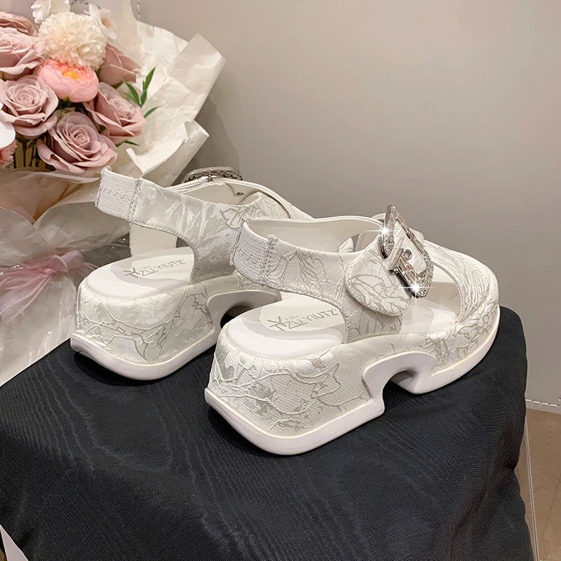 Fashion Crystal Buckle Platform Sandals Women Pink Embroidery Thick Heels Sandalias Mujer Comfortable Heightened Rome Sandals