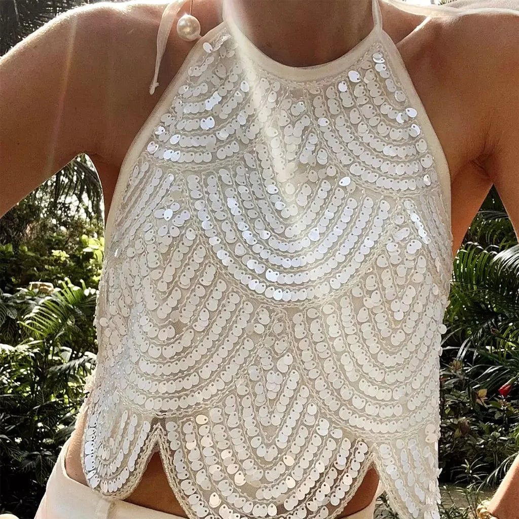 Women Solid Color Halter Top Tie-up Sleeveless Crop Tops Sleeveless Backless Sequined Summer Vest for Club Party