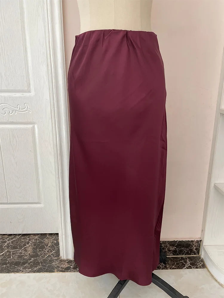 Foridol Autumn Winter Burgundy Satin Skirt Women Party Silk Skirt High Waist Straight Long Faldas Mujer Christmas Skirt