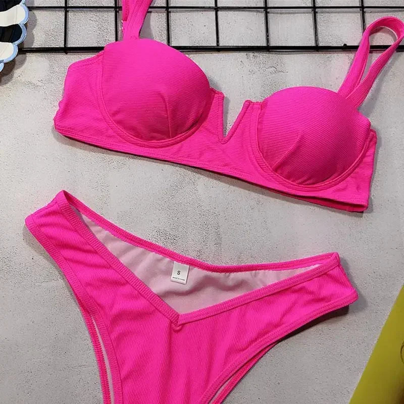 Sexy Ribbed Underwired V-bar Bikini Women Swimsuit Female Swimwear Two-pieces Bikini Set High Cut Bathing Suit Swim Beach Wear
