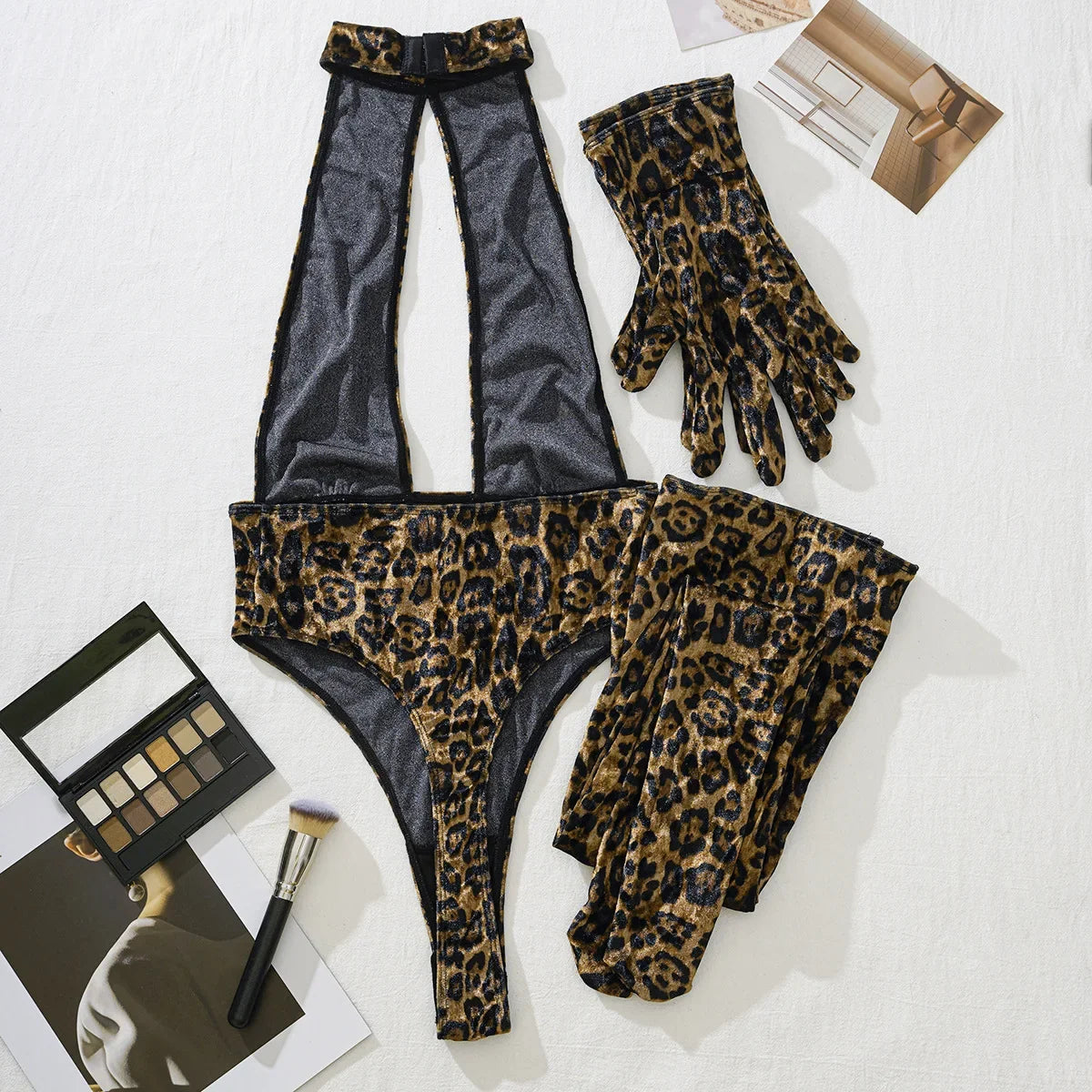 Women Leopard Print Bodysuit With Gloves Leggings Hollow Out Backless Deep V Suspenders Sleeveless Bodysuits Charming Thin 3X4C