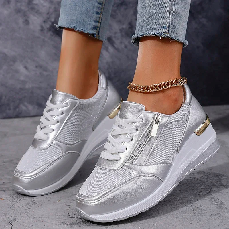 Fashion Thick Bottom Silver Sneakers Women 2025 Spring Wedge Heel Vulcanized Shoes Woman Comfortable Lace Up Sport Sneaker Mujer
