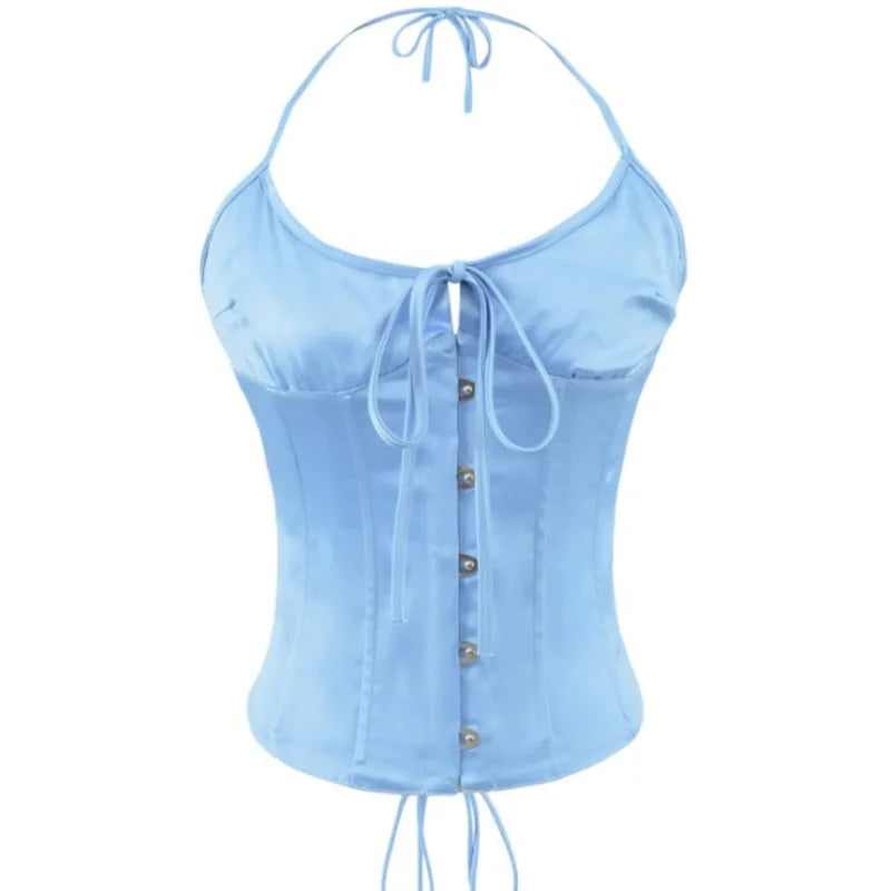 Vietnamese Sexy Backless Halter Neck Camisole For Women Niche Deep V-neck With Hook And Fishbone Waist-cinching Satin Top 02BG