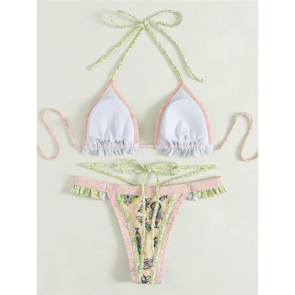 5 Colors Sexy Printed Halter Frilled Bikini Women Swimwear Female Swimsuit Two-Pieces Bikini Set Bather Bathing Suit Swim V4651