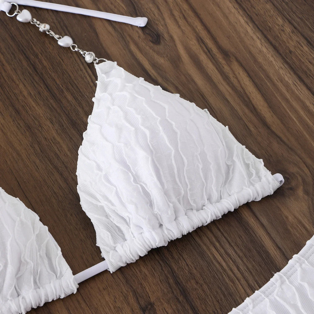 Sexy Mesh Long Sleeve Cover Up 3 Piece Bikini Set 2026 Swimwear Women White Pearls Strap Push Up High Waist Holiday Swimsuit