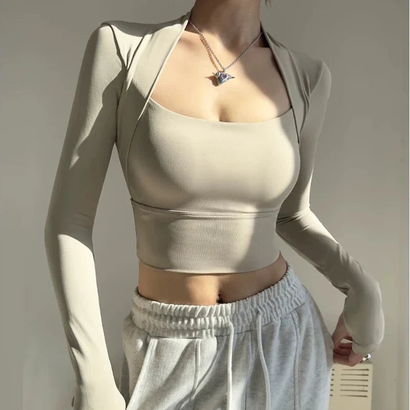 Women's Long Sleeve Fitness Sports Top Elegant Dance Yoga Shirt with Chest Cushion Small Waistband for Gym Speed up Short