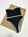 Women's Black Patchwork One Piece Swimsuit Sexy Slim Suspender Backless Monokini Bikini Underwire Push Up Bathing Suit Swimwear