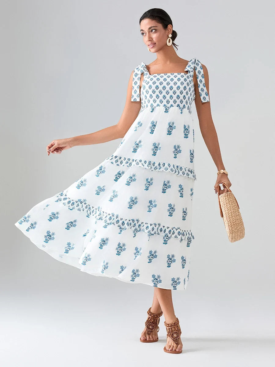 Flower Print Tie Strap Swing Dress Women A-Line Square Neck Tiered Ruffled Summer Bohemian Beach Long Tank Dress