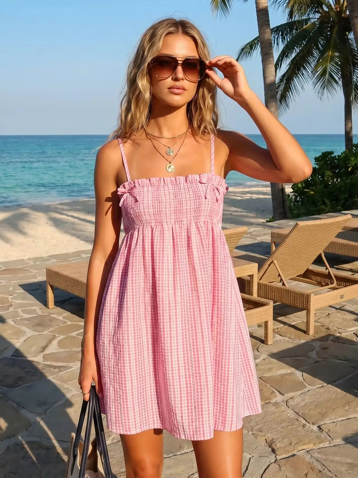 Women's Spaghetti Strap Mini Dress Striped Print Bow Sleeveless Babydoll Dress Summer Bohemian Holiday Beach Flowy Dresses