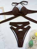 DEKA Sexy Solid Push Up Strapped Bikini Set Tied High Waist Thong Swimsuit Women Swimwear Beach Backless Bathing Suit