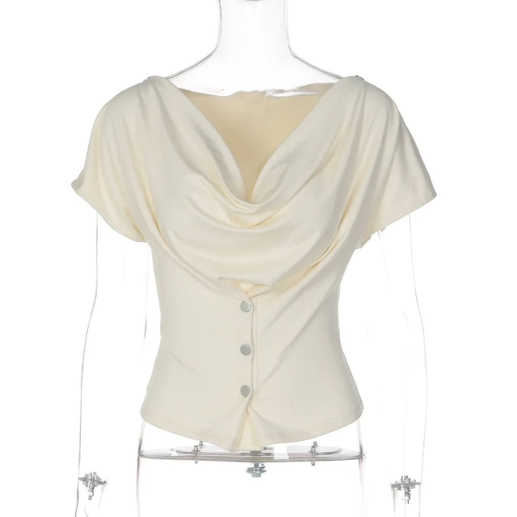 FDYOUI Fashion Casual Swinging Collar T-shirts Y2K Woman Clothes Short Sleeve Buttons Corset T Shirt Ladies Solid Crop Tops Tees