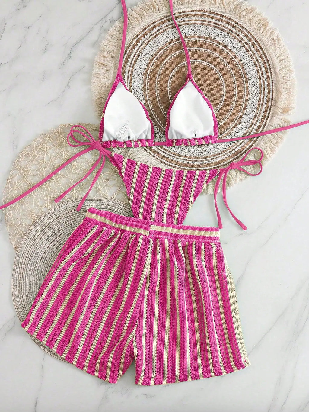 3PCS With Shorts Stripe Halter Fishnet Bikini Women Swimwear Female Swimsuit Three-pieces Bikini Set Bathing Suit Swim Beachwear