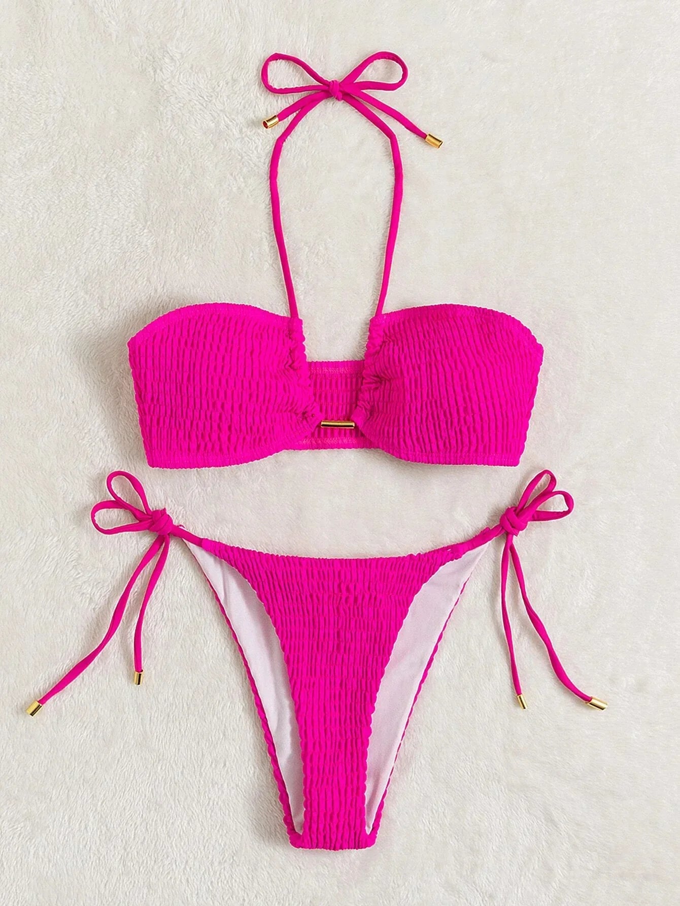 Halter Tie Side Pleated Smocked Bikini Women Bandeau Swimsuit Female Swimwear Two Pieces Bikini Set Bathing Suit Swim Beach Wear