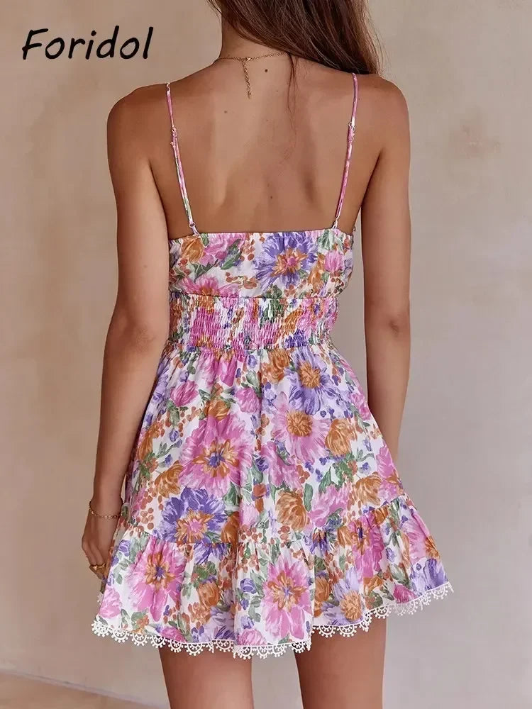 V Neck Bowknot Floral Print Boho Summer New Dress for Women Adjustable Strap Lace Patchwork Sundress Beach Casual Short Dress