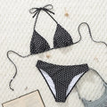 2025 New Women's Black Ground White Dot Printed Swimsuit Halter Neck Low Waist Bikini Set For Summer Female Swimwear Brazilian