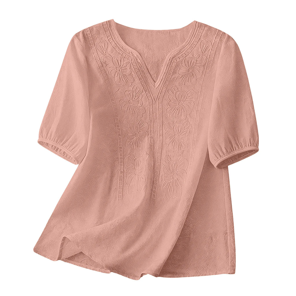 Women Summer Loose Embroidered V Neck Solid Color Short Sleeved Comfortable Button Down Shirt Top женская одежда