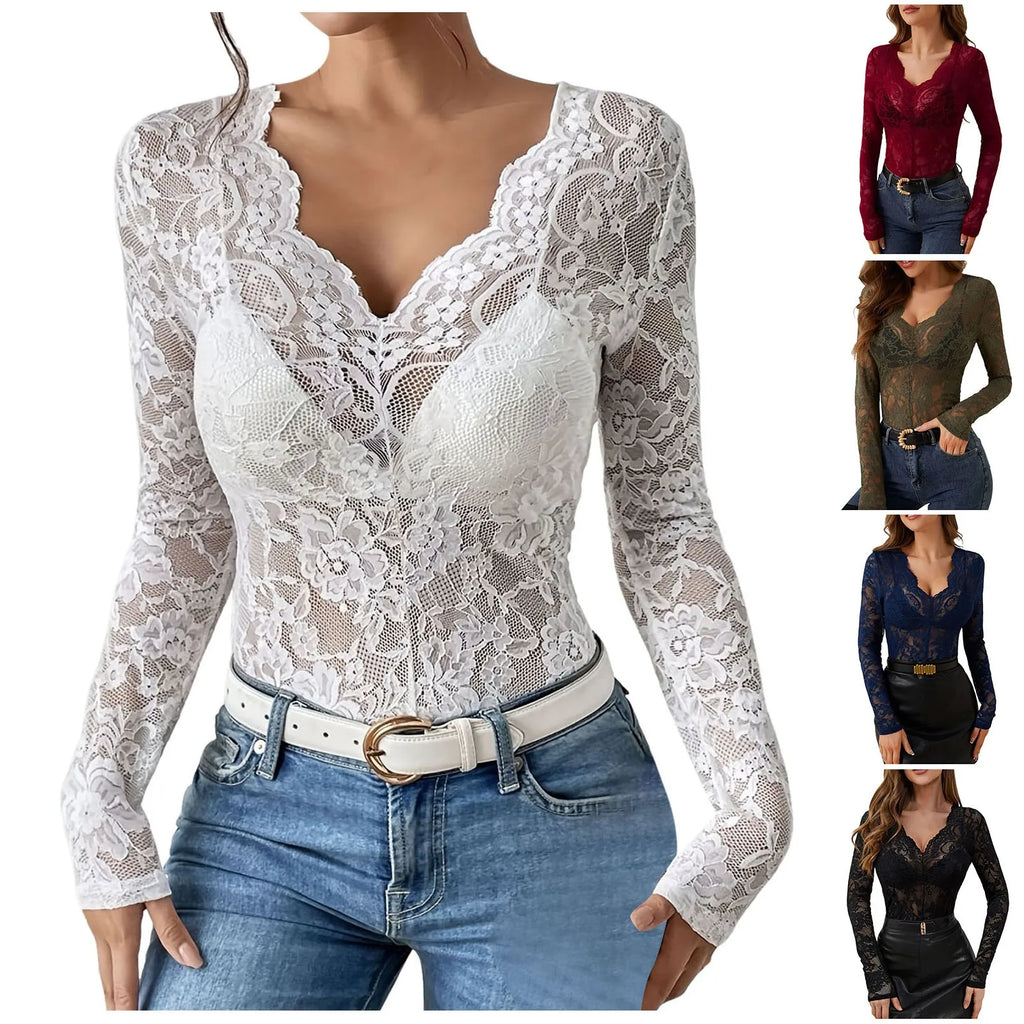 Women V Neck Floral Lace Long Sleeve T Shirt See Through Slim Fit Tees Y2k Gothic Club Party Streetwear Ladies Sheer Basic Tops