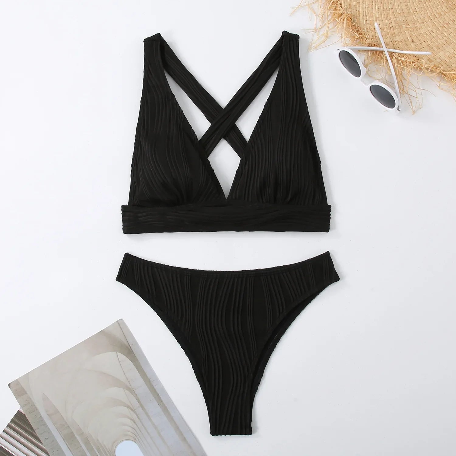 Wrinkled Crinkled Cross Back Bikini Women Swimwear Female Swimsuit Two-pieces Bikini Set High Cut Bathing Suit Swim Beach Wear