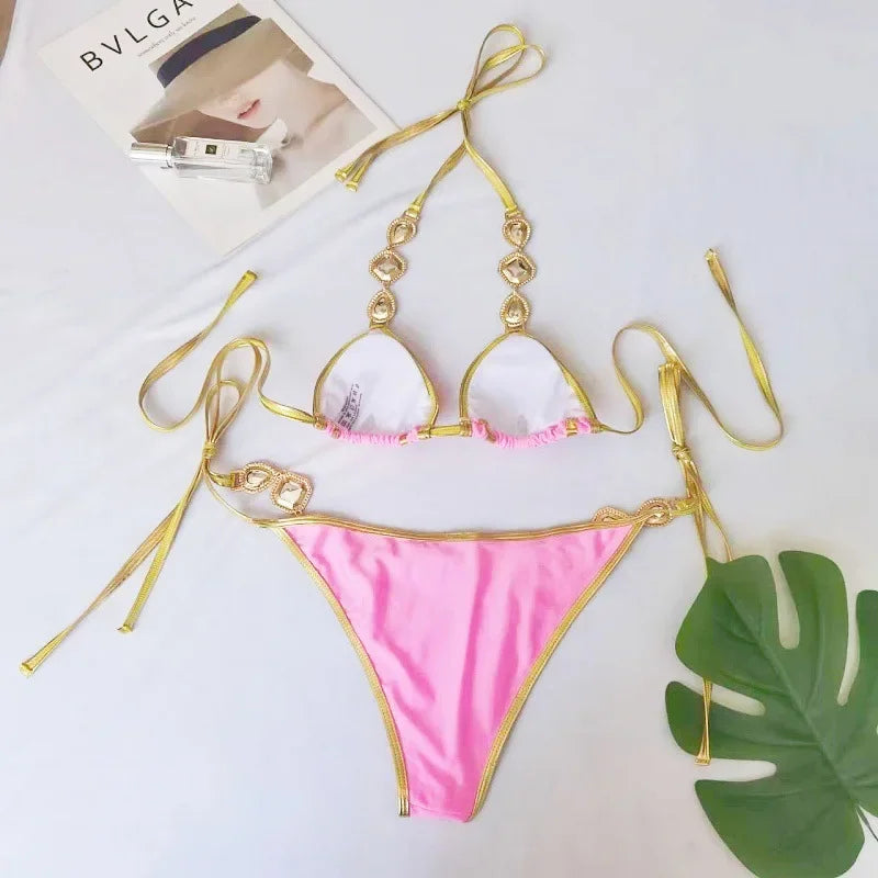 Halter Crystal Rhinestone Diamond Bikini 2025 Female Swimsuit Women Swimwear Two-pieces Bikini Set High Cut Bathing Suit Swim