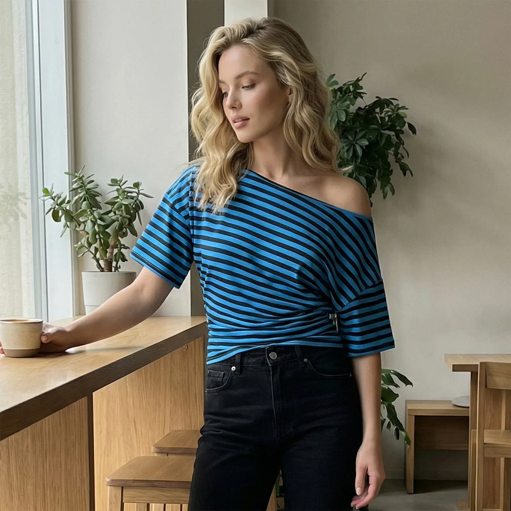 Women Elegant Summer Off One Shoulder Tops Striped Short Sleeve Loose Fit Basic T Shirts for Daily Wear