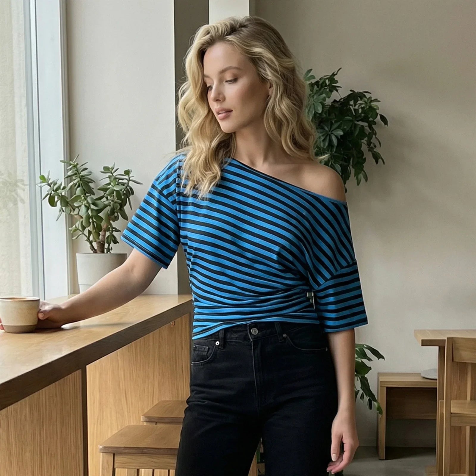 Women Elegant Summer Off One Shoulder Tops Striped Short Sleeve Loose Fit Basic T Shirts for Daily Wear