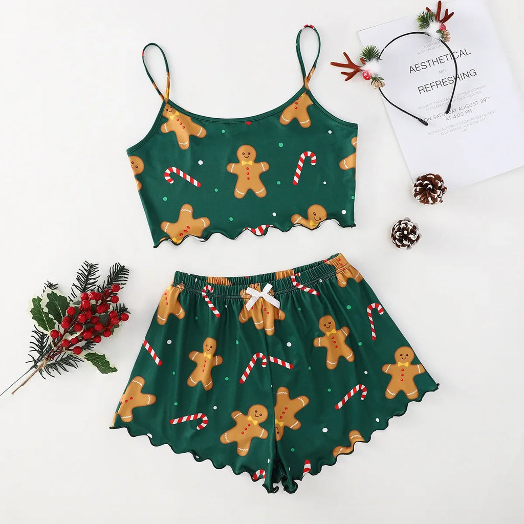 Soft Festival Christmas Cute Gingerbread Print Pajama Set Women's Sleepwear 2 Pieces Crop Tops and Shorts Loungewear