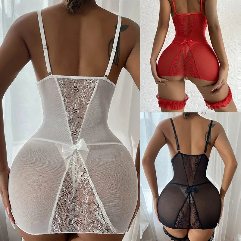New Sexy Women Lace Sleepwear Babydoll Underwear Garter Belt Mesh Sexy Costume Nightwear Ladies Lingerie