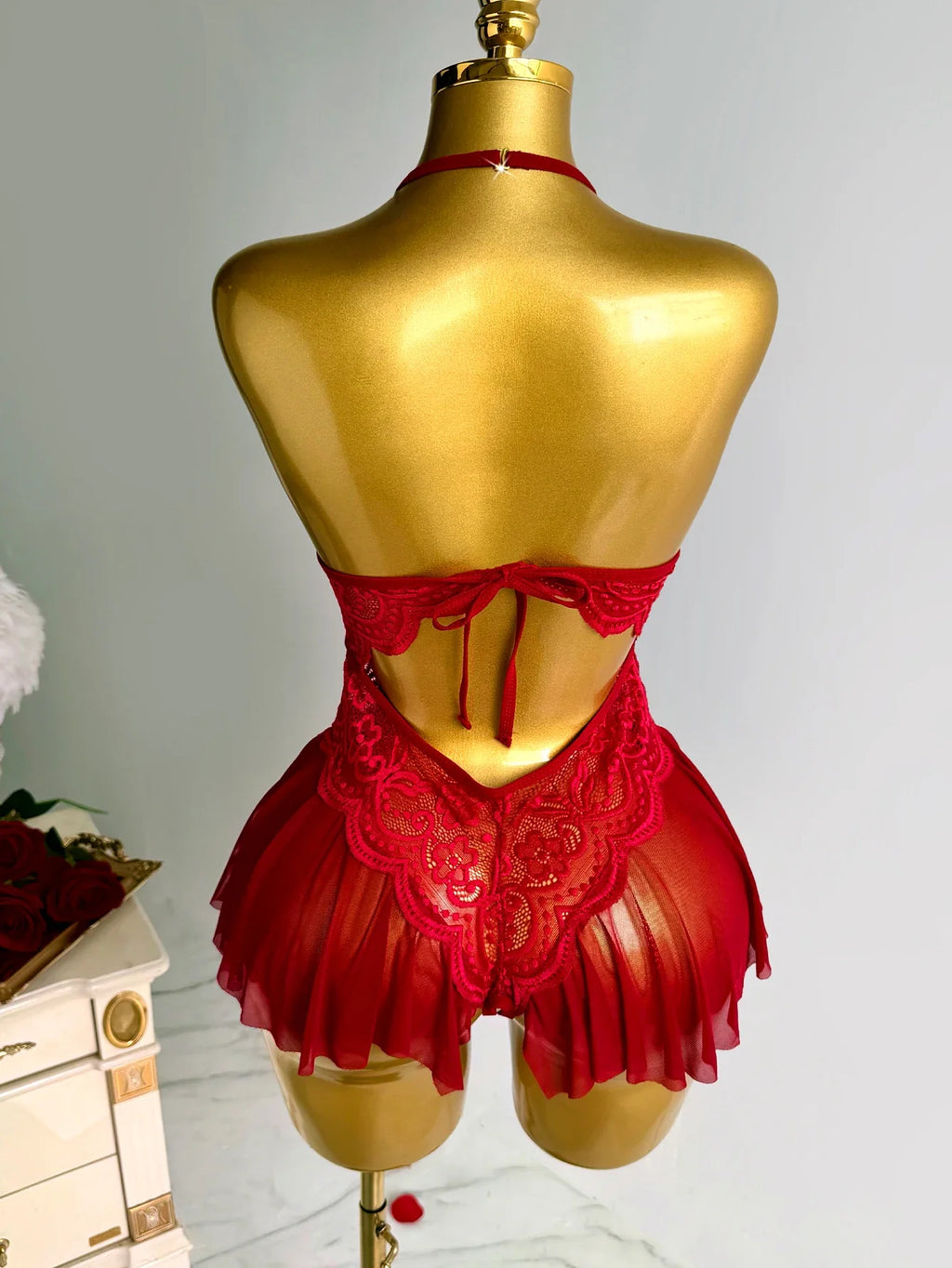 Elegant Lace Halter Neck Teddy Bodysuit With Bow Detail And Ruffled Hem Sexy Women's Lingerie