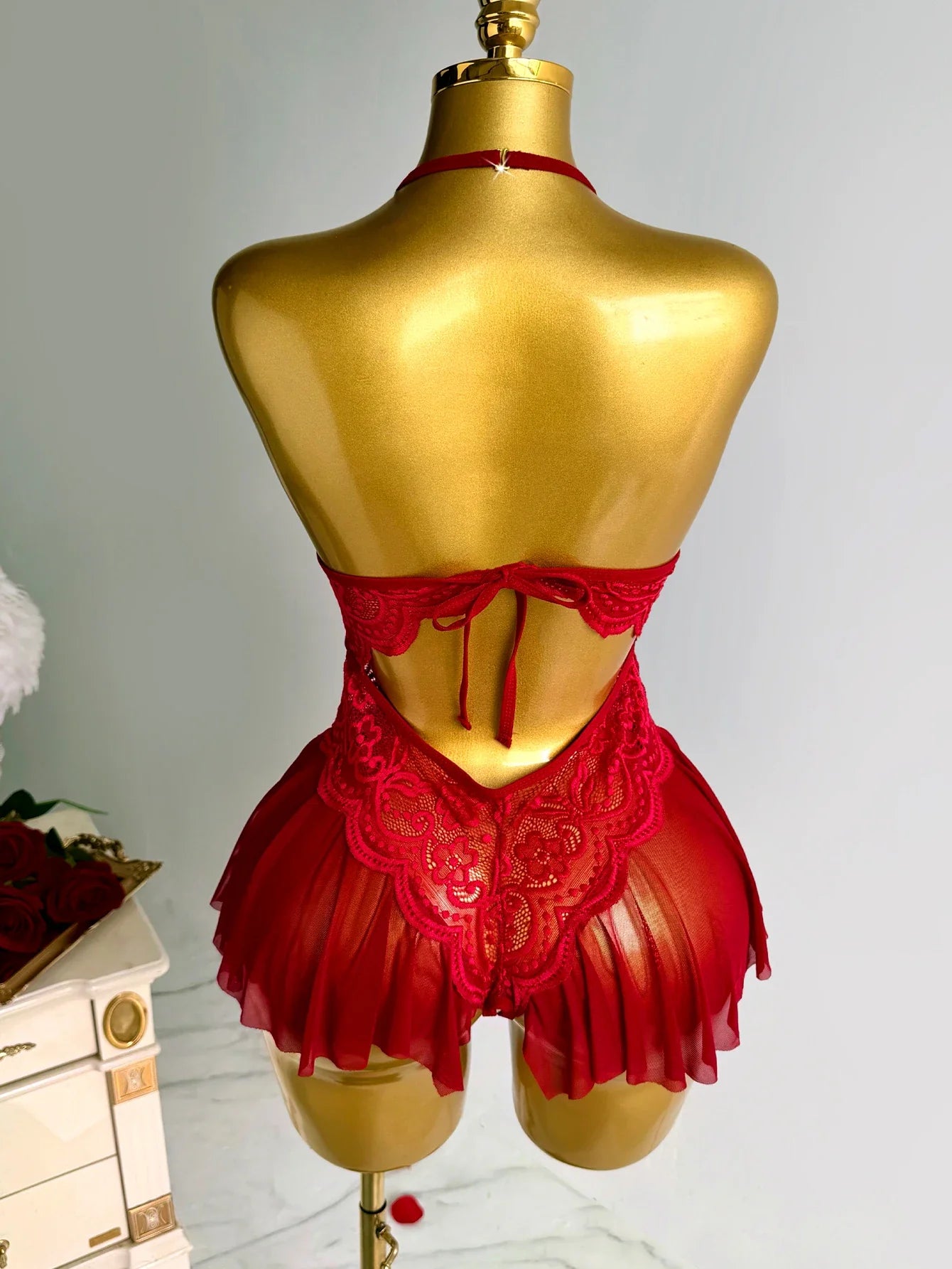Elegant Lace Halter Neck Teddy Bodysuit With Bow Detail And Ruffled Hem Sexy Women's Lingerie