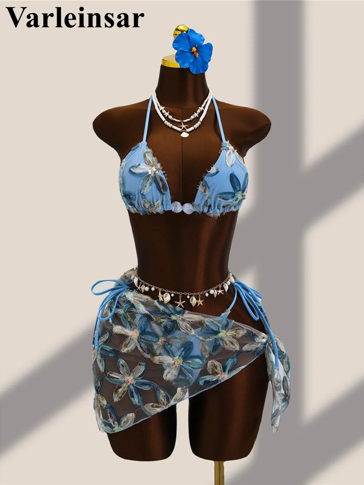 With Sarong Flower Printed Halter Bikini Female Swimsuit Women Swimwear Three-pieces Bikini set Bather Bathing Suit Swim V8321