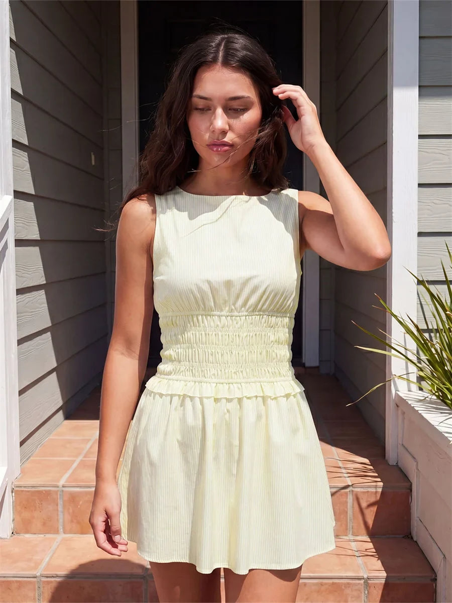 2026 Summer Women's Sleeveless Short Dress Stripe Print Boat Neck Waist-Cinching Slim Fit Dress Holiday Daily Casual Streetwear