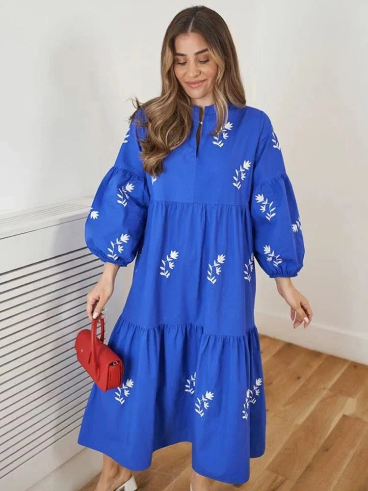 Foridol Lantern Sleeve Spring Summer Women Dress Embroidery Loose Midi Casual Vestidos 2025 Wrist Sleeve Royal Blue Sundress