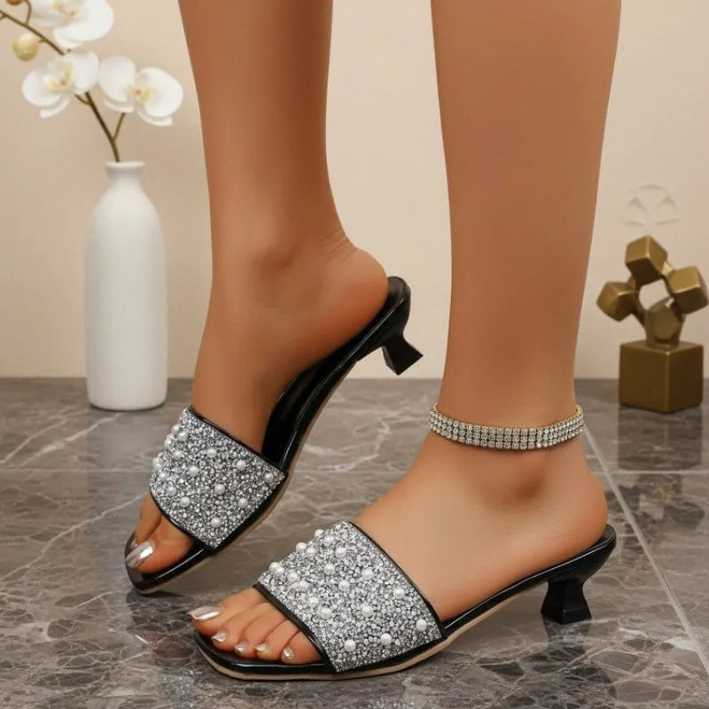 Summer New Rhinestone High Heel Slip-On Slippers Wear Outside Versatile Square Toe Open Toe Stiletto Women's Sandals