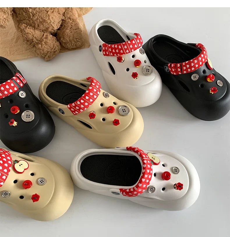 Women Fashion Clogs Indoor Street Slippers Cute DIY Apple Summer Autumn Platform Shoes Soft EVA Female Daily Walking Sandals