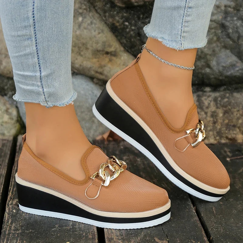 Fashion Metal Chain Wedge Heeled Loafers Women 2026 Slip On Platform Pu Leather Shoes Woman Non Slip Thick Sole Single Shoes