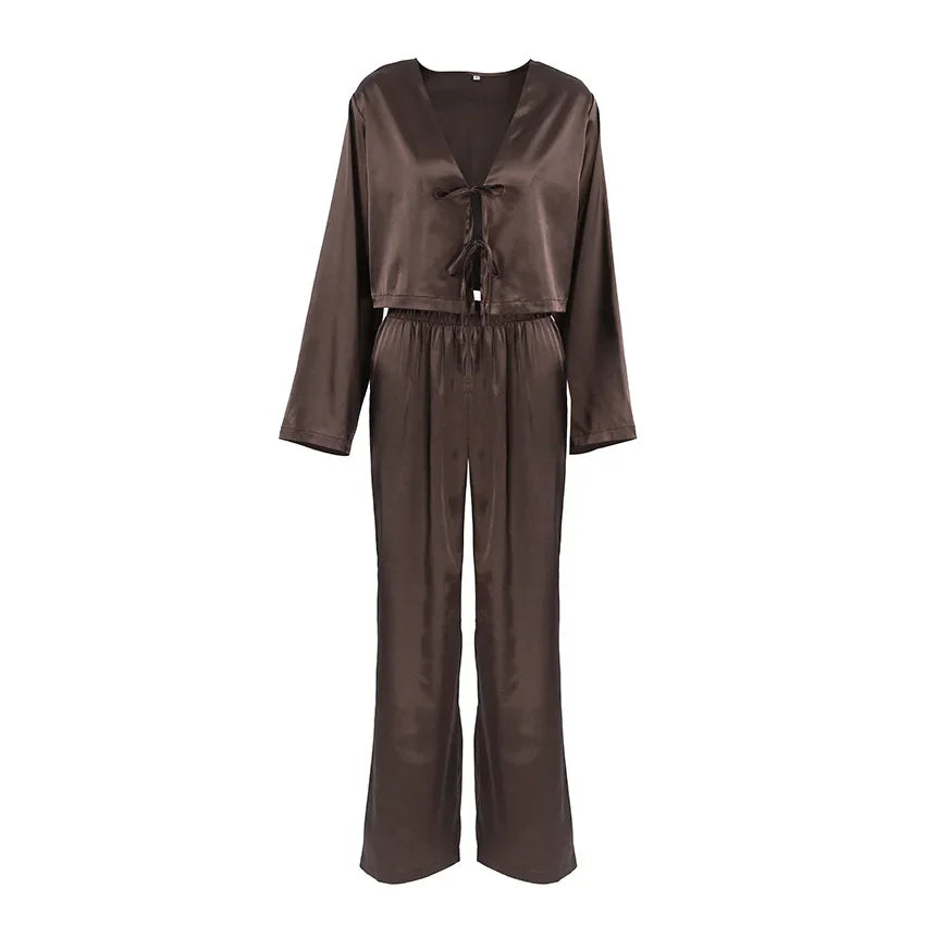 Women Silk Satin Pajama Set Deep V Neck Long Sleeve Lace Trim Tie Front Top Pants Soft Loungewear Elegant Home Sleepwear Night