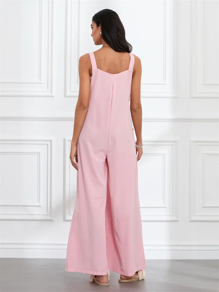 Women Fashion Jumpsuits Sleeveless Buttons Suspender Wide Leg Pant Overalls with Pockets Casual Loose Romper Streetwear