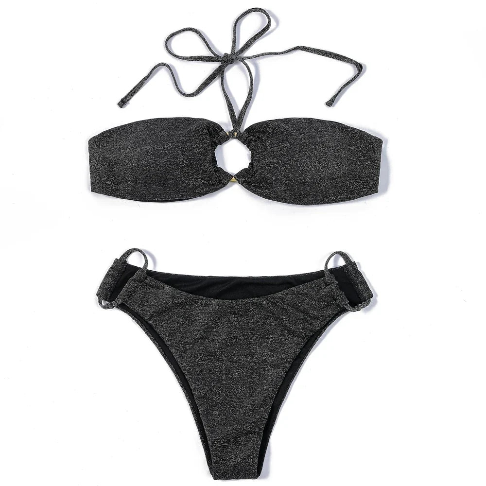 ZTVitality Shiny Black Women Swimsuit Sexy Bikini 2022 New Arrival Halter Padded Bandage Ring Beach Swimwear Brazilian Biquini